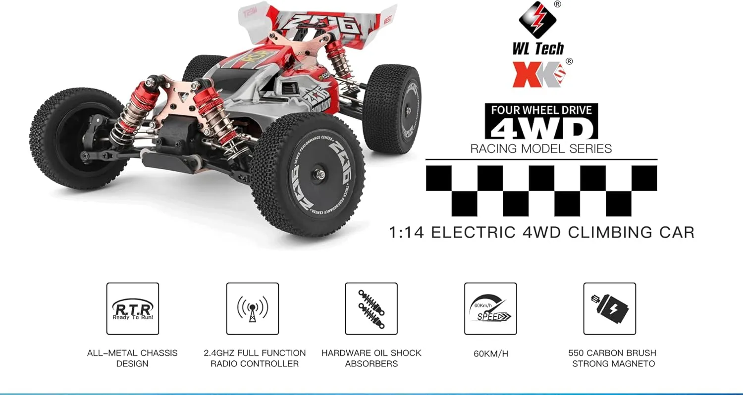 WLtoys High-Speed RC Car 144001 1:14 60KM/H 2.4G RC Car 4WD Electric High Speed Off-Road Remote Control Racing Drift Toys Car 1/14 for Children (144001 1500 3000)