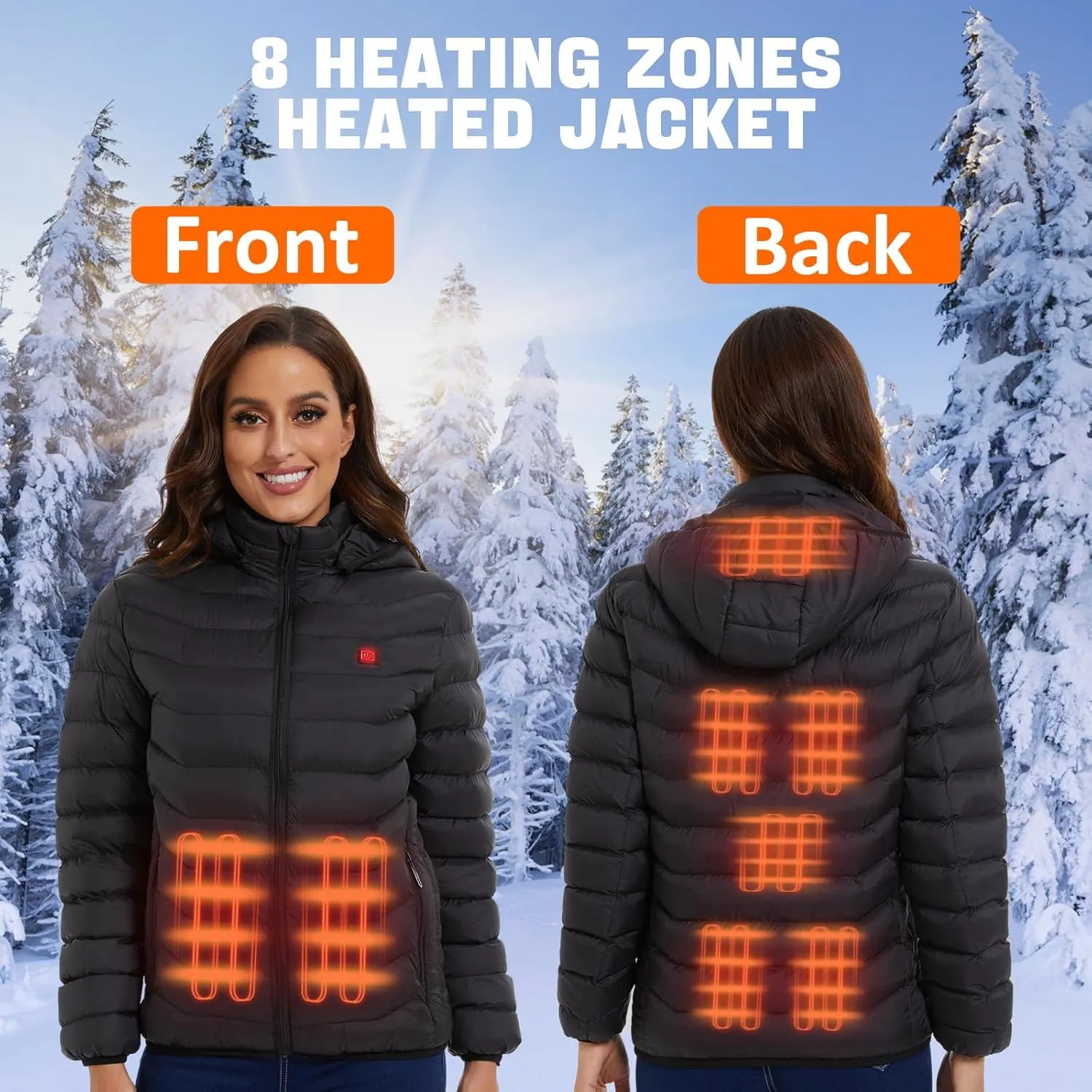 Women’s heated jacket with 2pack 10000mAh Battery Pack, QTREE Lightweight Heated Coat with 8 Areas Heating