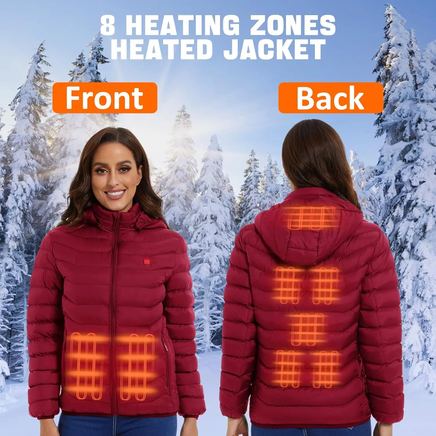 Women’s heated jacket with 2pack 10000mAh Battery Pack, QTREE Lightweight Heated Coat with 8 Areas Heating