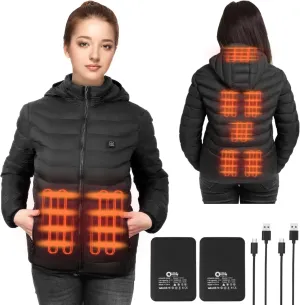 Women’s heated jacket with 2pack 10000mAh Battery Pack, QTREE Lightweight Heated Coat with 8 Areas Heating