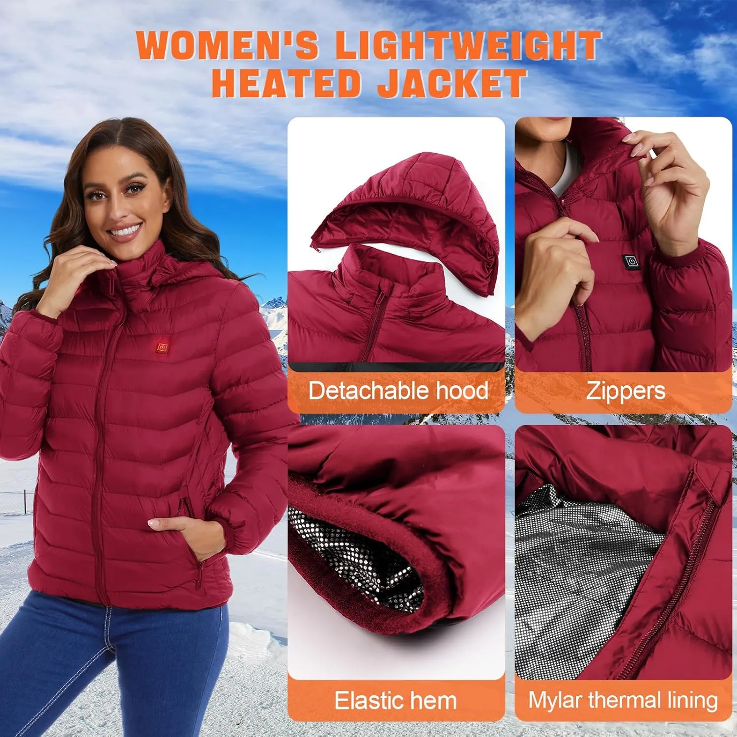 Women’s heated jacket with 2pack 10000mAh Battery Pack, QTREE Lightweight Heated Coat with 8 Areas Heating