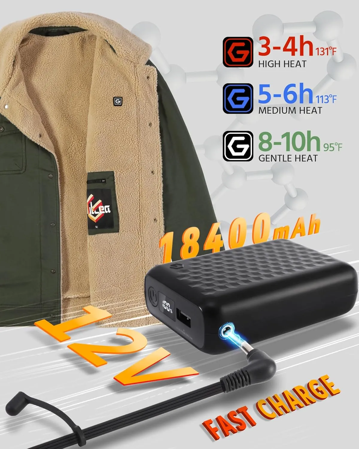 Wulcea Graphene Heated Jacket for Men 12V Fast Charge 18400mAh Large Capacity