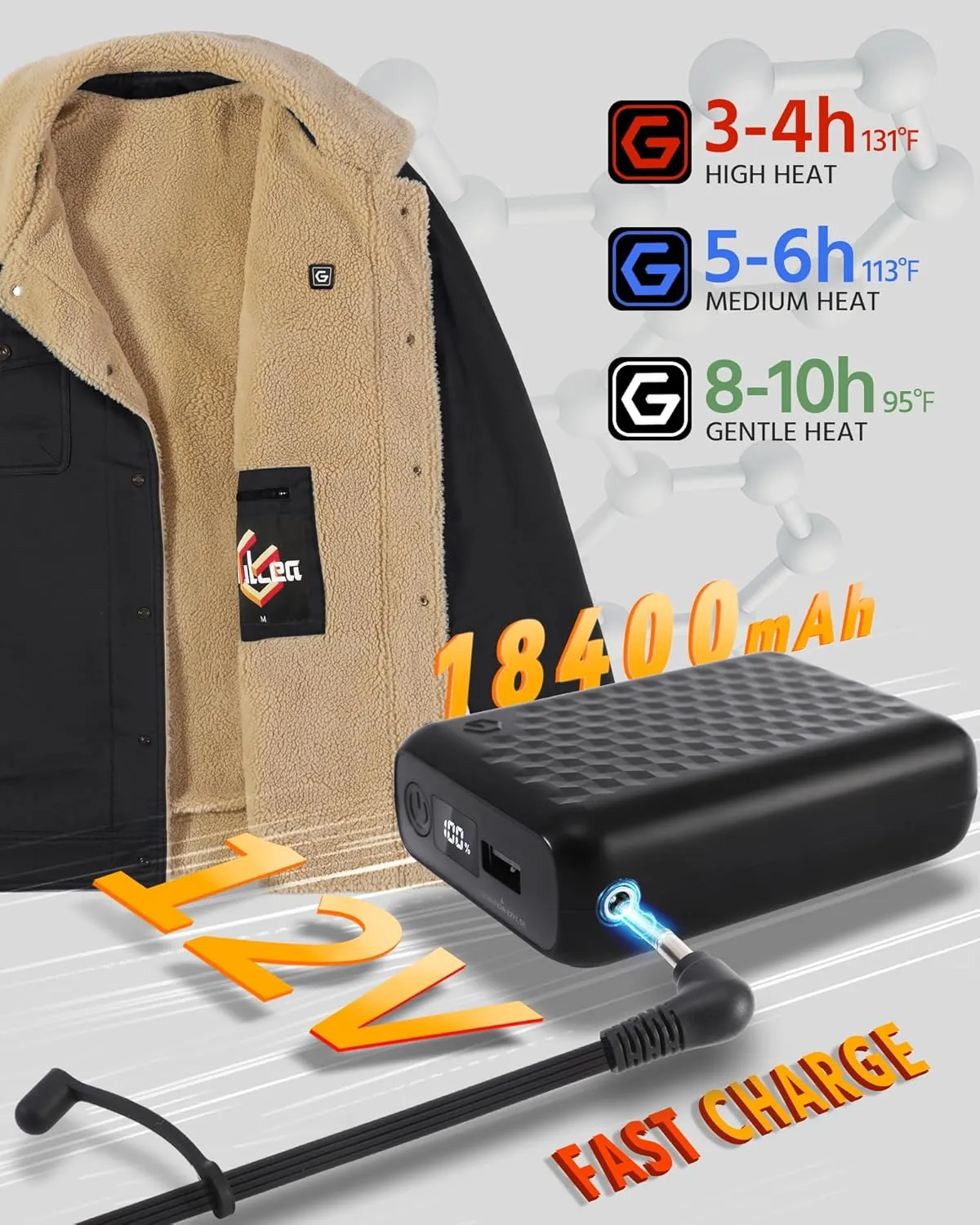 Wulcea Graphene Heated Jacket for Men 12V Fast Charge 18400mAh Large Capacity