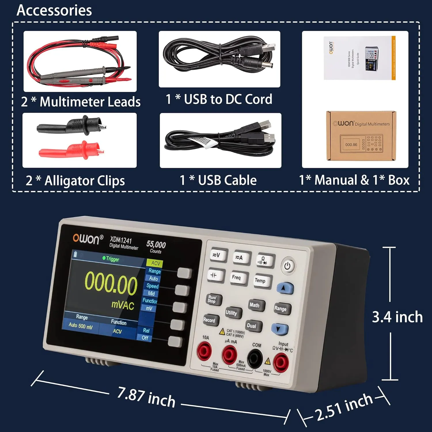XDM1241 3.5 in LCD Multimeter Portable Desktop Digital Multimeter Multi Testers for Laboratories,Instruments and Factories(Built-in Batteries and Support DC 5V 2A)