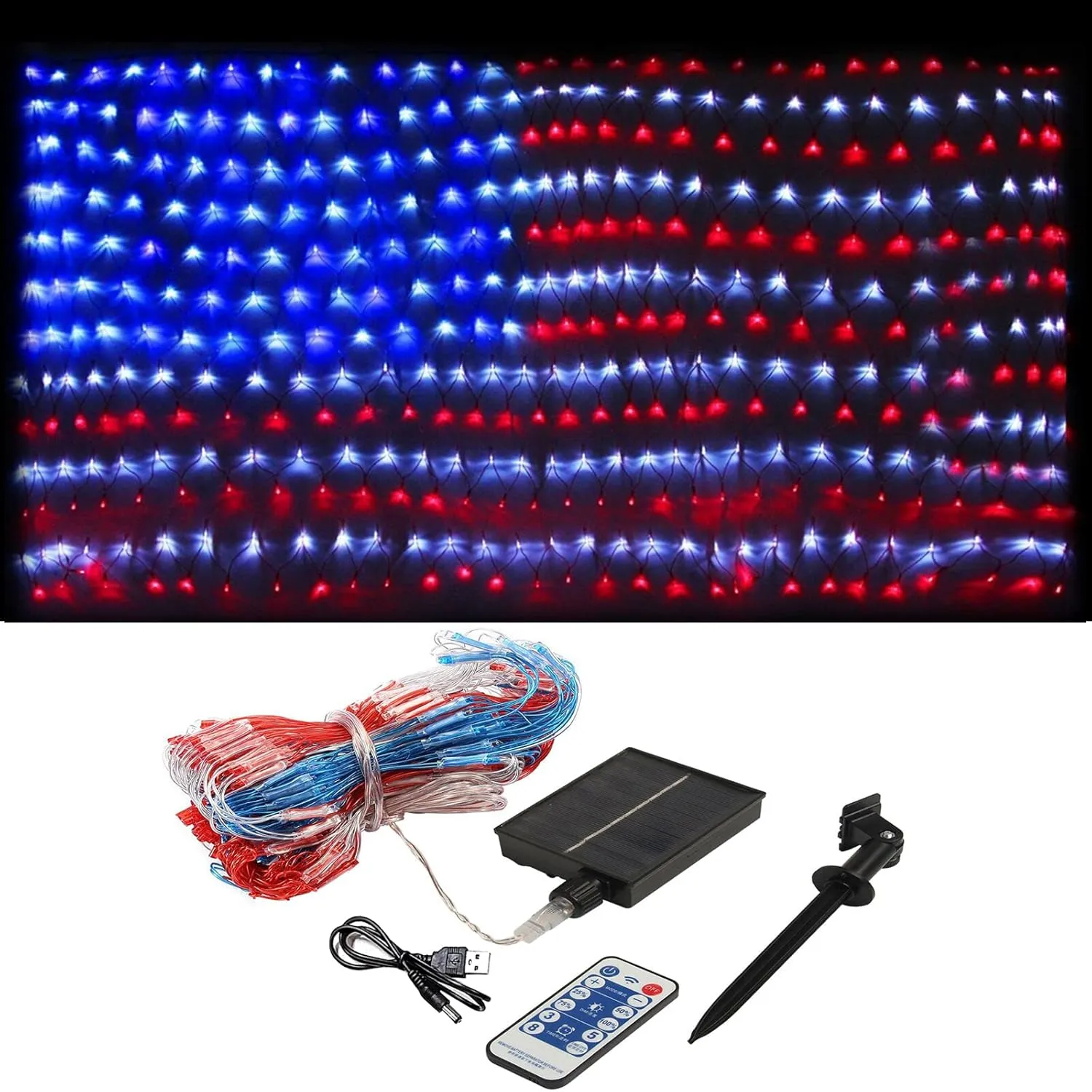 XTF2015 Solar American Flag Lights, 2 in 1 Solar Powered & Plug in American Flag Light, 420 LED Waterproof Patriotic Ornaments for Memorial Day, Independence Day, 4th of July, Party, Yard Decorations