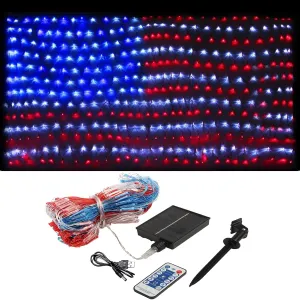 XTF2015 Solar American Flag Lights, 2 in 1 Solar Powered & Plug in American Flag Light, 420 LED Waterproof Patriotic Ornaments for Memorial Day, Independence Day, 4th of July, Party, Yard Decorations