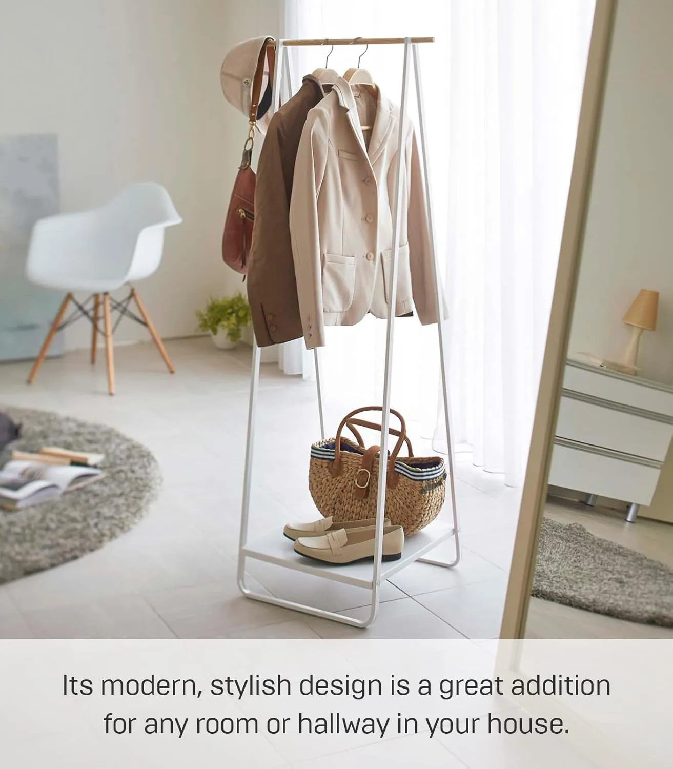 Yamazaki Home Freestanding Coat Hanger Clothes Rack with Shelf Steel One Size White