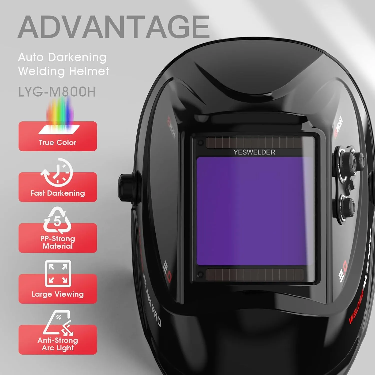 YESWELDER Large Viewing Screen 3.93"X3.66" True Color Solar Power Auto Darkening Welding Helmet, 4 Arc Sensor Wide Shade 4/5-9/9-13 for TIG MIG Arc Weld Grinding Welder Mask LYG-M800H