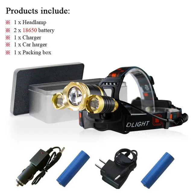 zoom hoofdlamp led headlamp xml 3t6 flashlight head lamp waterproof headlight 18650charger Battery head torch bike camping light
